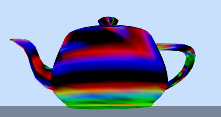 A teapot has red, blue, and green stripes for shader debugging