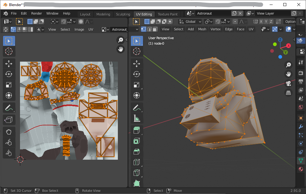 UV map of an astronaut model, edited to just a head and torso segment.