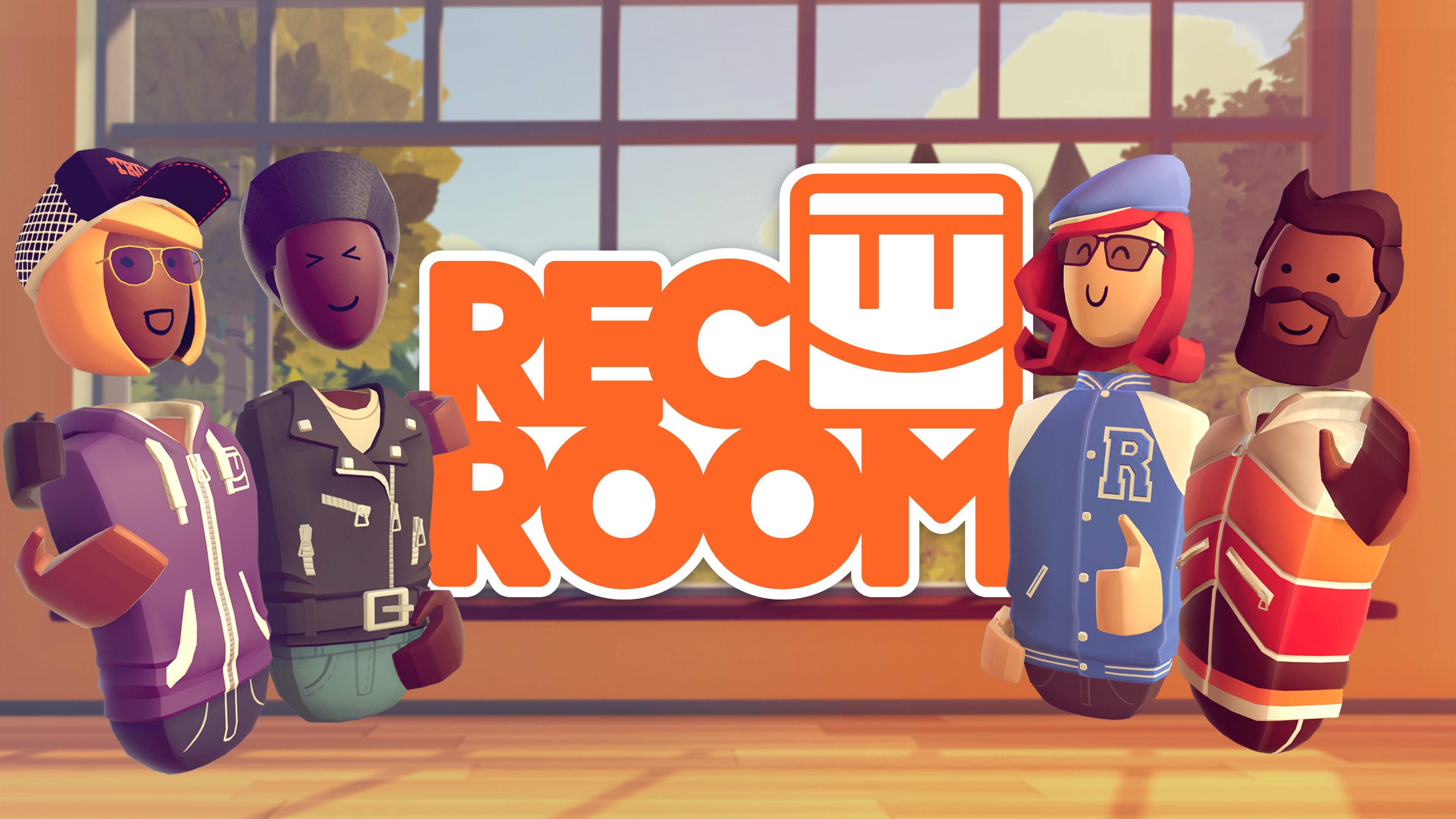 four avatars in a warm wood room surround REC ROOM in large letters